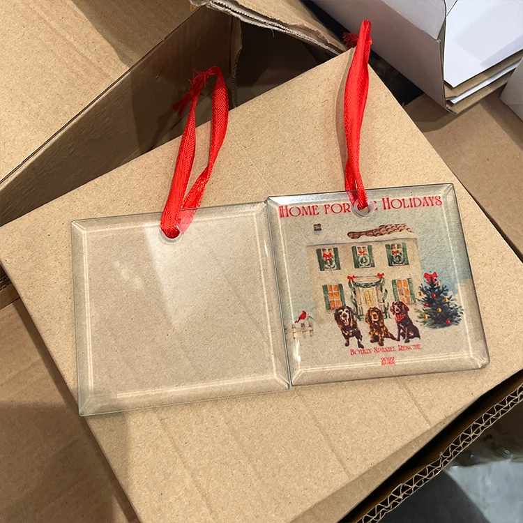 Wholesale High Quality 80mm Sublimation Square Glass Christmas Tree Ornament 8cm Transparent Crystal Blanks Pendant With Ribbon