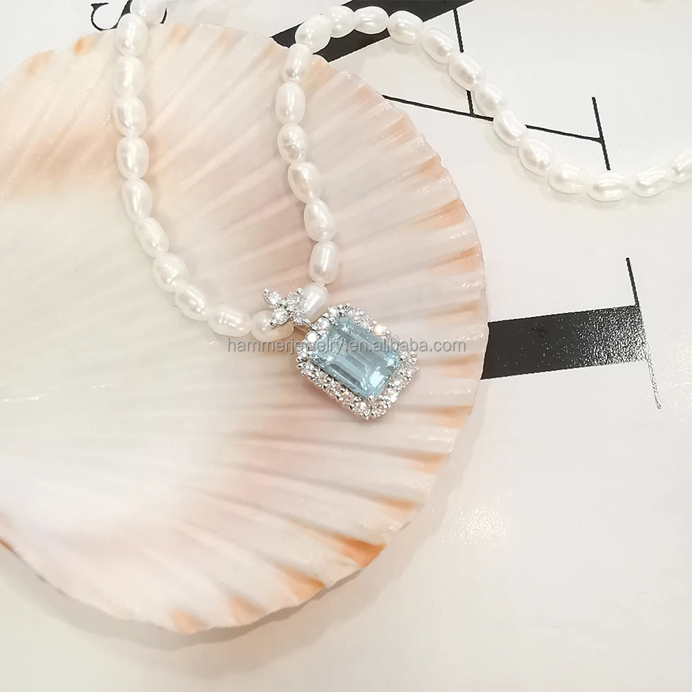 Luxury 18k Real Gold Emerald Shape  Aquamarine Pendant With Rice Pearls Necklace Charm Fine Jewelry Choker