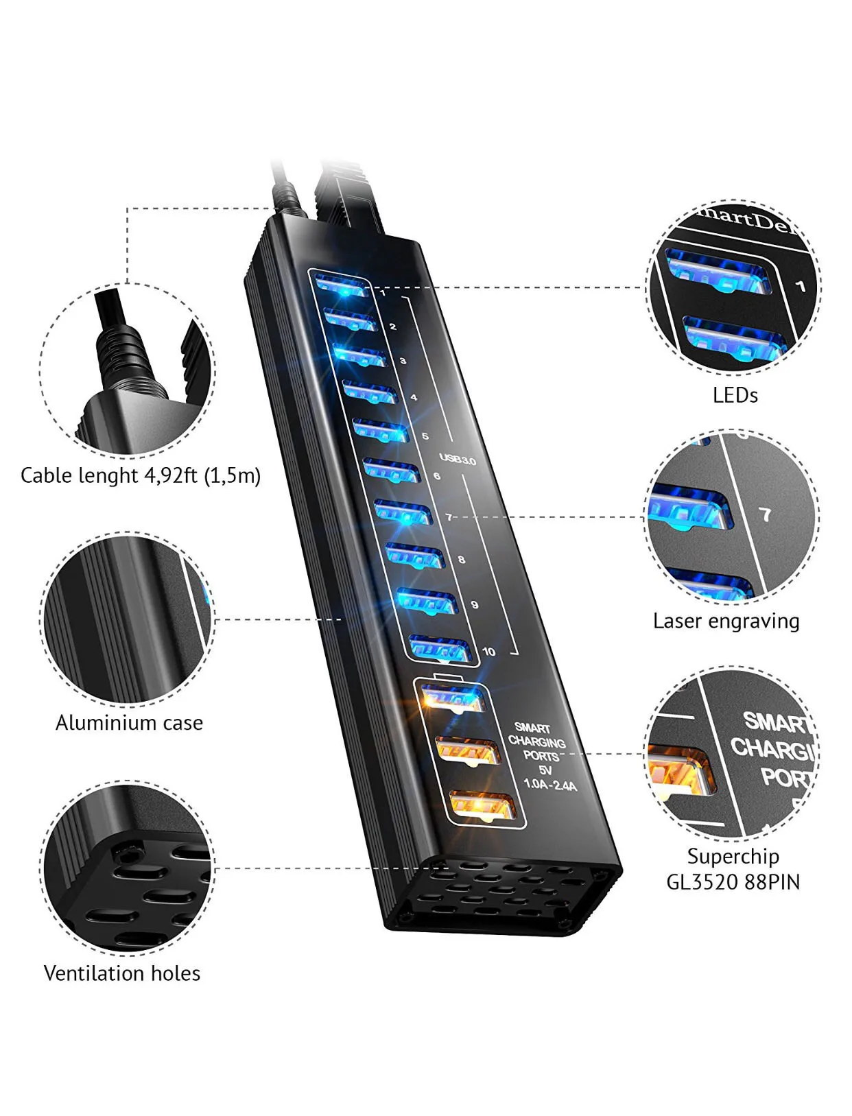 13-порт USB 3 0 концентратор с 10 портами и Смарт двумя зарядными usb-портами 5V 4A адаптер питания