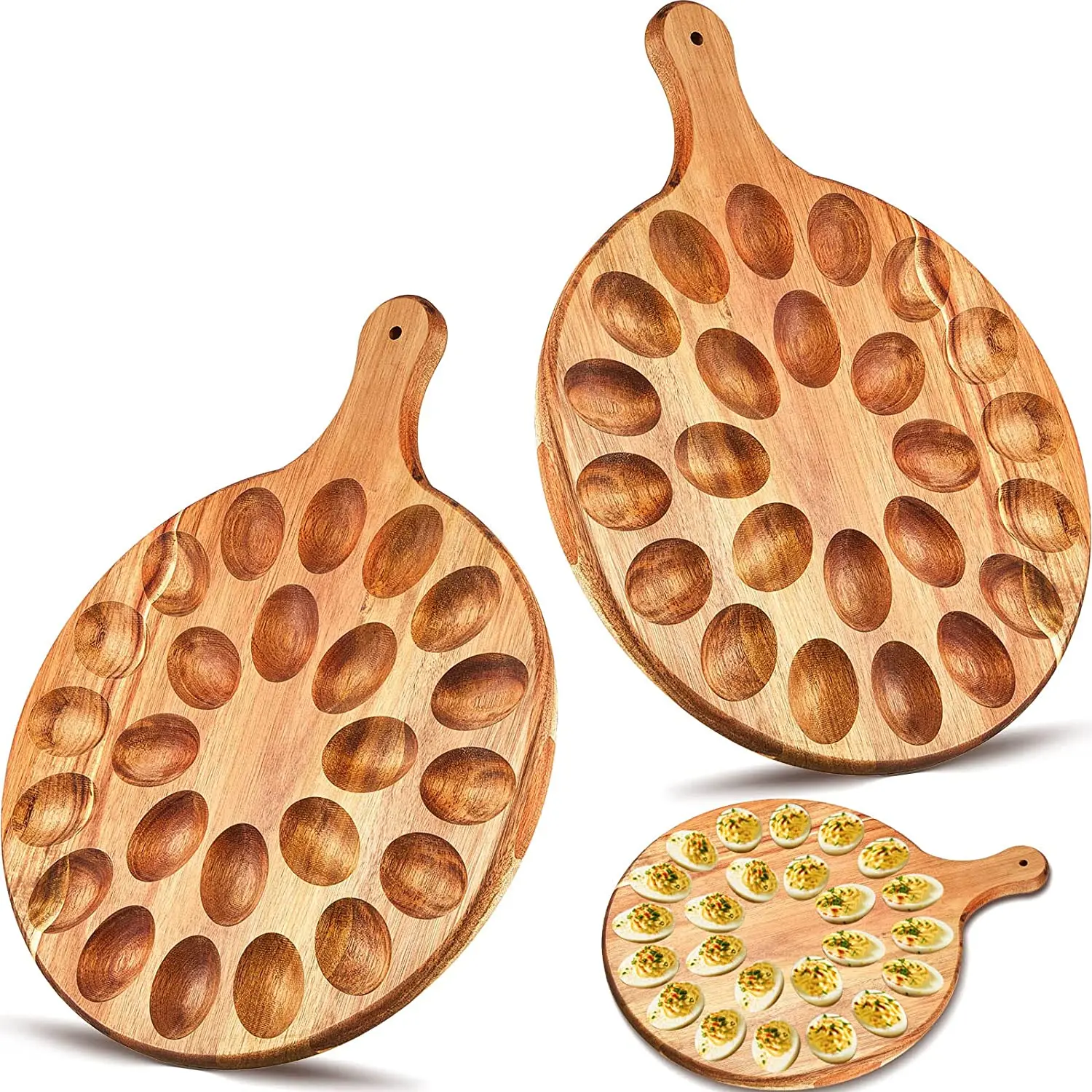 24 Holes Reversible Wood Deviled Egg Platter Charcuterie Board Thicken Egg Serving Tray Round Wood Deviled Egg tray