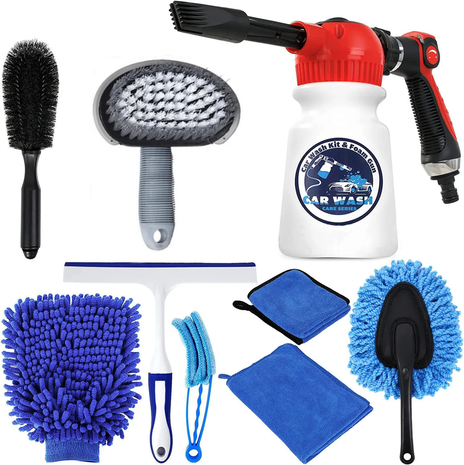 OEM Car Wash Kit  Wheel Brush Duster Squeegee Microfiber Wash Mitt &Towel with Foam Gun