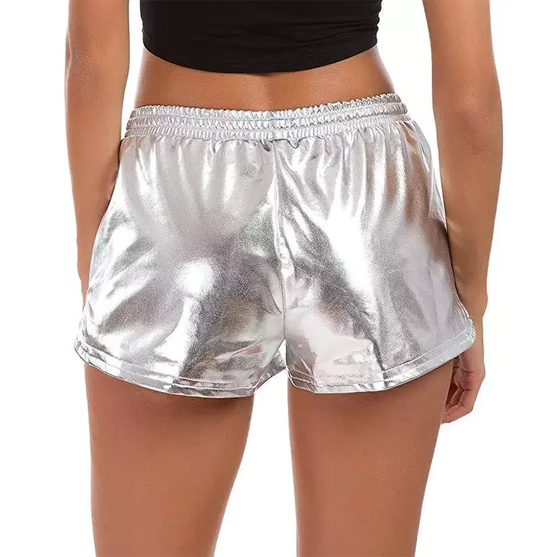 Luxury Summer Elastic Band Blank Glossy Girls Hip Pop Shorts Shiny Nylon Silver Metallic Dance Womens Jazz Shorts For Girls