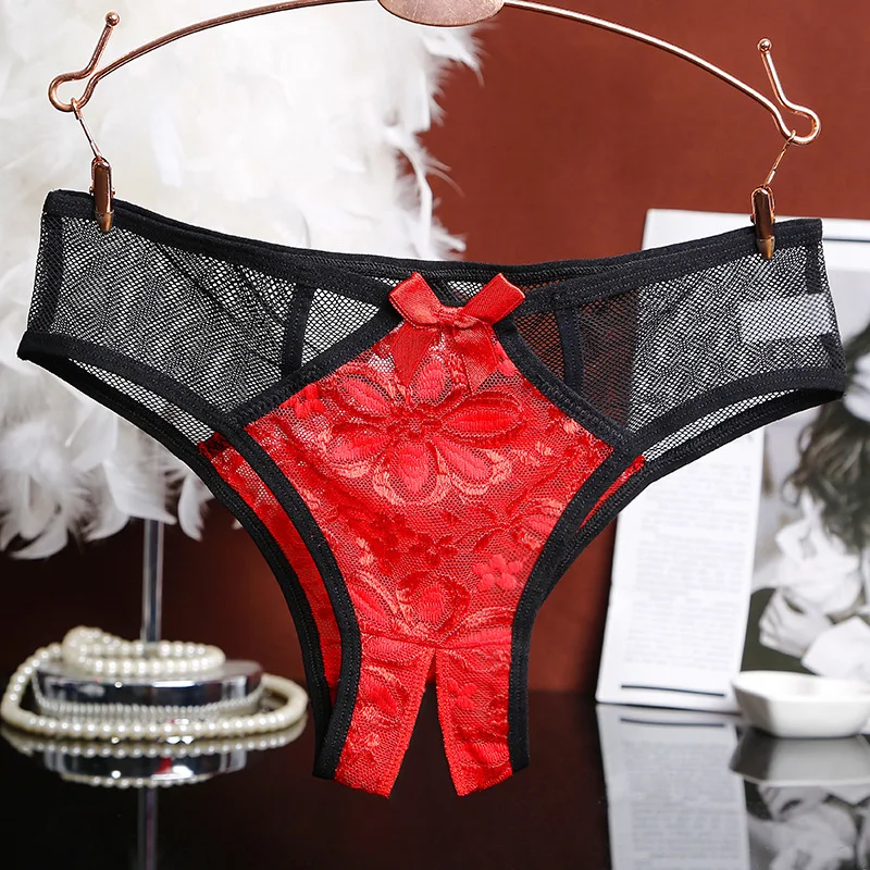 Sexy lace open hollow briefs seductive low waist open crotch thong transparent color matching mesh T pants