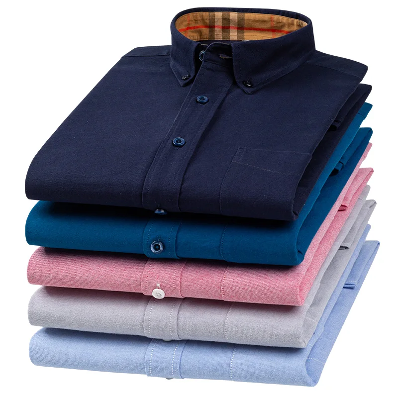 Stock 100% cotton carbon Oxford collar contrast Plaid Long Sleeve Shirt