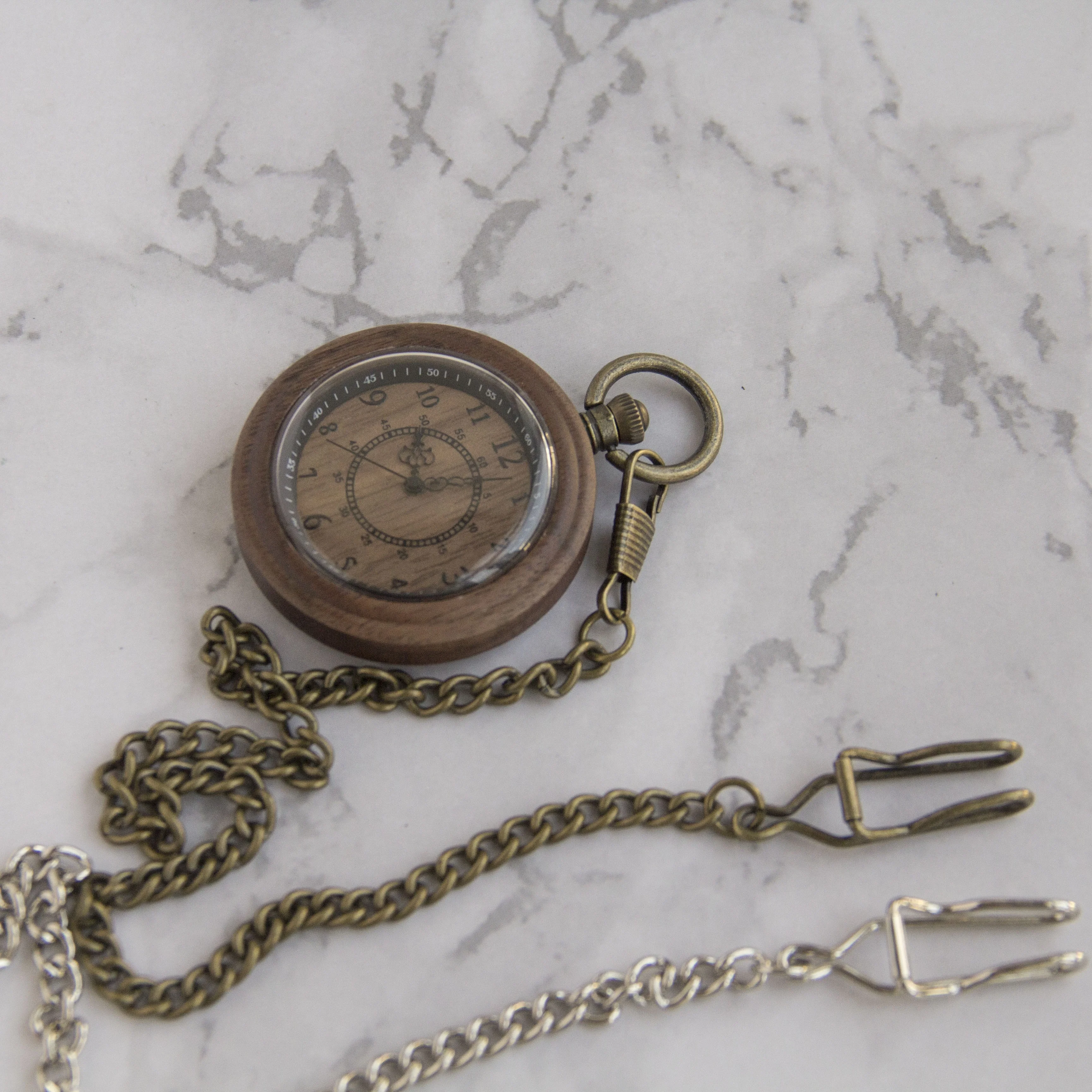 Round Vintage Pocket Watch  Wooden Antique Style