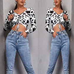 Customize Women Tops Shirts Cow Print Blouse V-neck Pleated Tops Ladies Lace Up Long Sleeve T-shirt Drawstring Ruched Crop Top