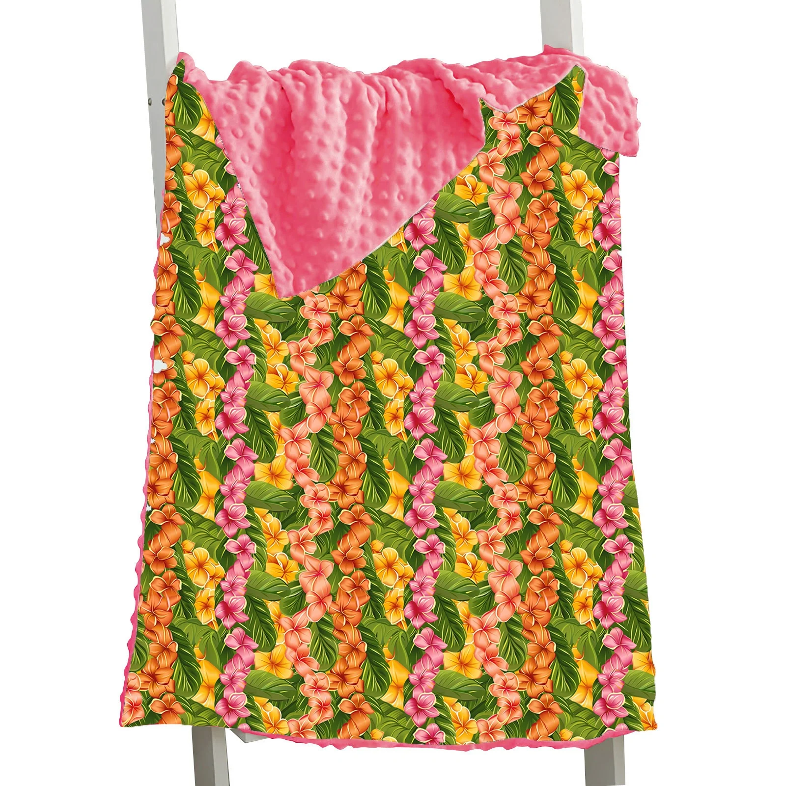 Hot Sale PuaKenikeni Lei Print Pink Blue Colorful Flowers Hawaii Style Minky Baby Blanket For Halloween Christmas Gift