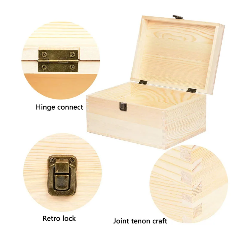 Large Rectangle Unfinished Pine Wood Box Natural DIY Craft Stash Boxes with Hinged Lid and Front Clasp