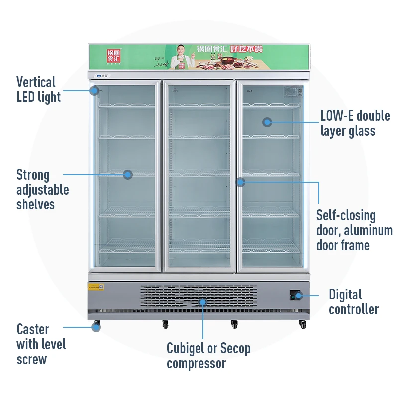 Supermarket upright transparent glass door showcase refrigerator for milk