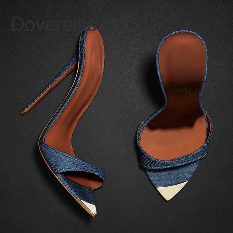 Summer Fashion Stilettos Heels Jeans Slippers New Peep Toe Women Sexy Pointed Toe Big Size 41 42 43 44 45 46 47