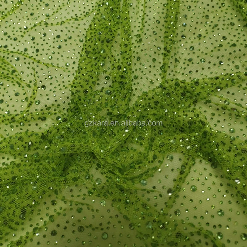 Fast Dispatch Green Colorful Multi Size Rhinestone Tulle Mesh for Tops Rhinestone Round Neck Long Sleeve
