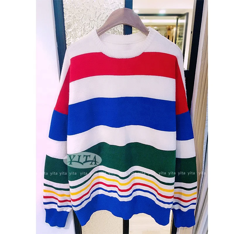 Rainbow Stripe Long sleeve European and American style sweater with Striped pattern and soft sweaters women