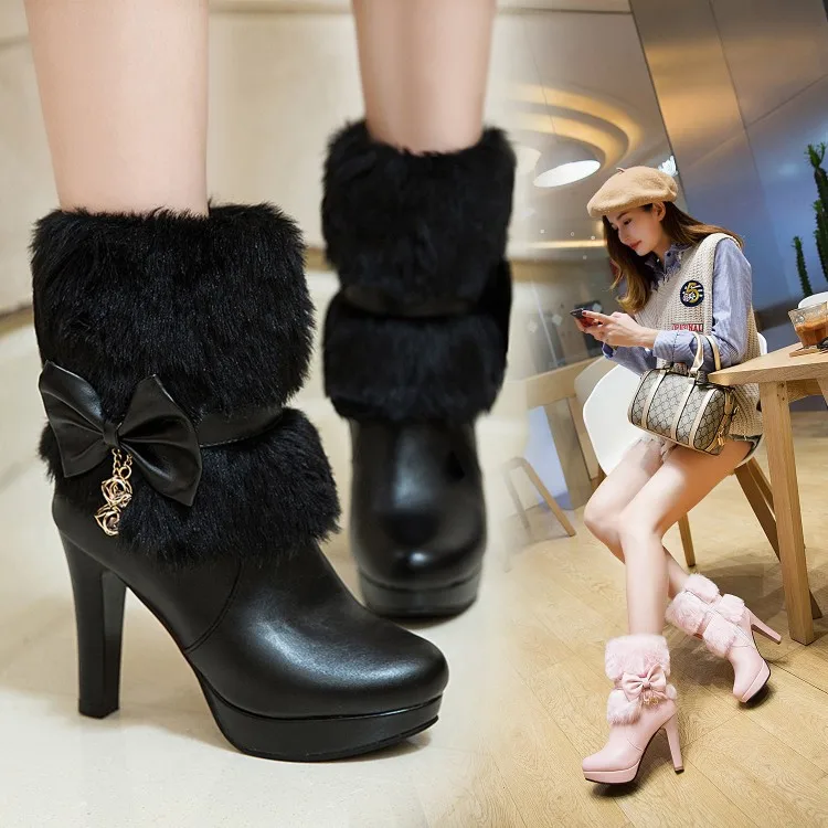 2023 OEM ODM factory high quality rabbit fur autumn PU pumps chunky heels shoes