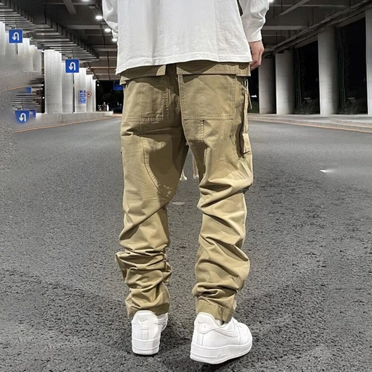 Fashion Nylon Men Streetwear Casual Drawstring Wide Leg Stock Multi Pockets Cargo Pants