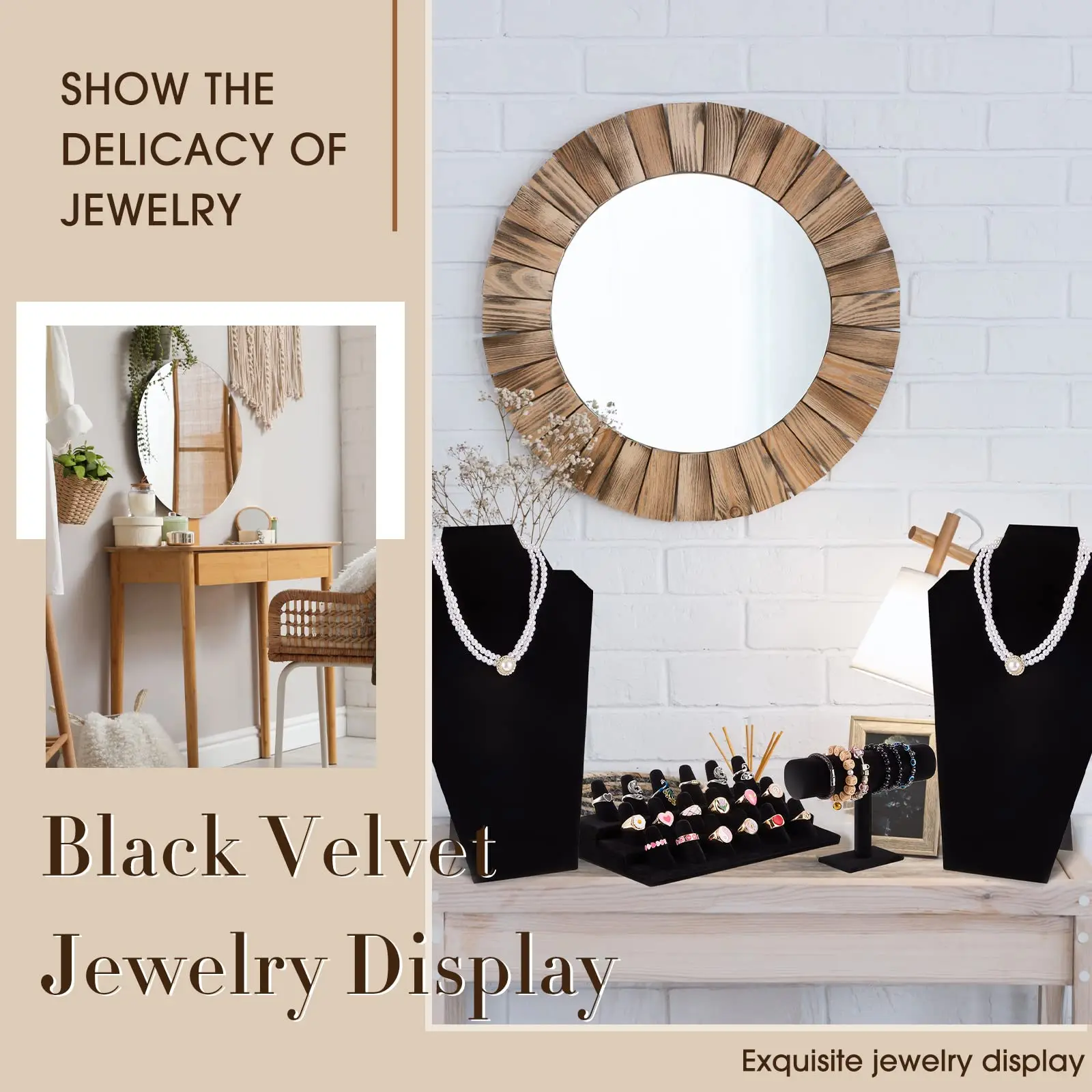 Microfiber Black Velvet Threadless Jewelry Display Earring Ring Necklace Fashion Jewelry Body Chain Display Set