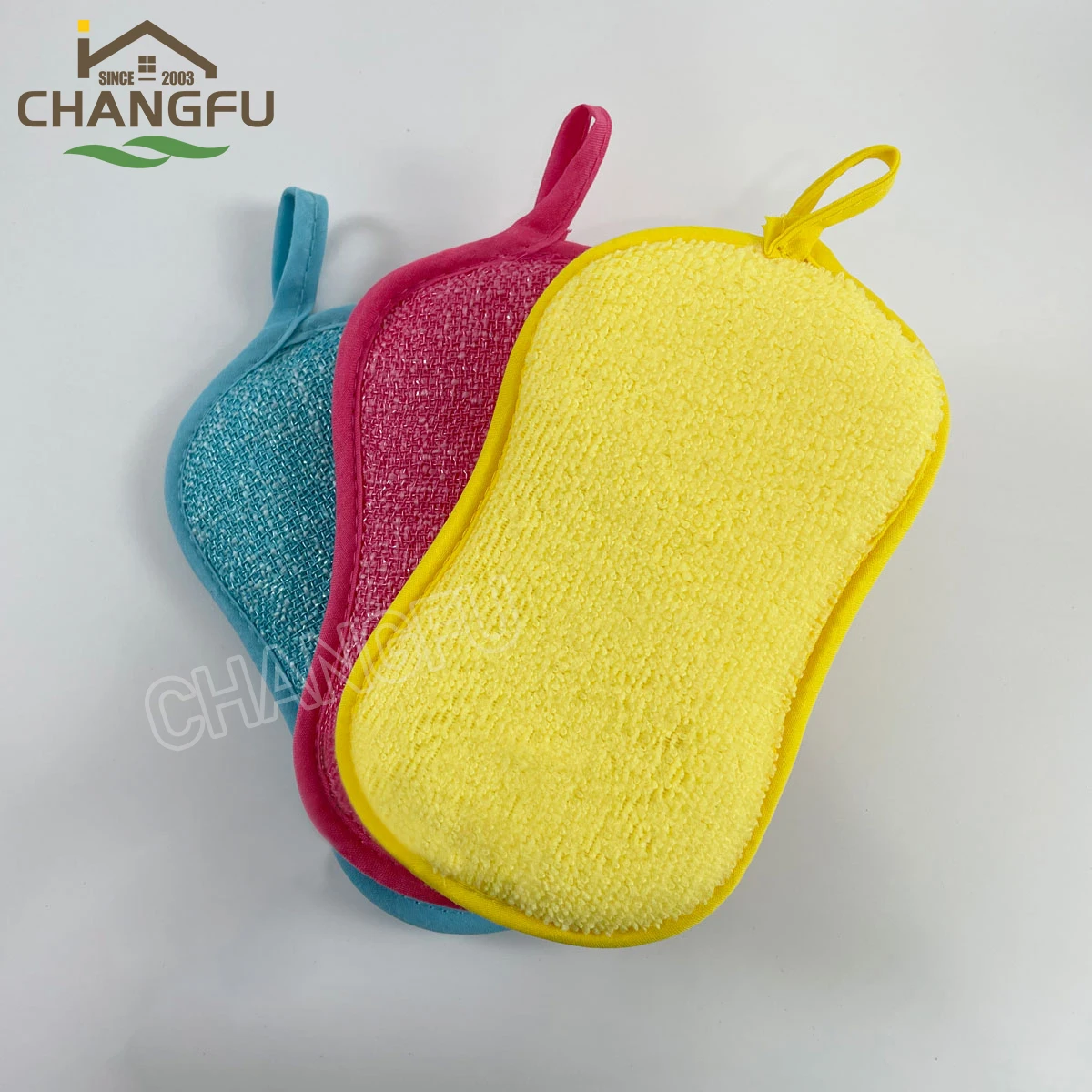 Changfu cleaning materials washing Double Sided Microfiber Sponge Scrubber for kitchen