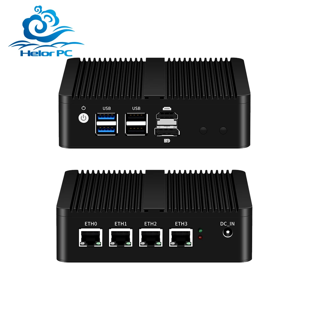 HelorPC Intel N100 Mini PC DDR5 RAM 2.5G Ethernet LAN HD DP Fanless Computer Firewall Linux Router