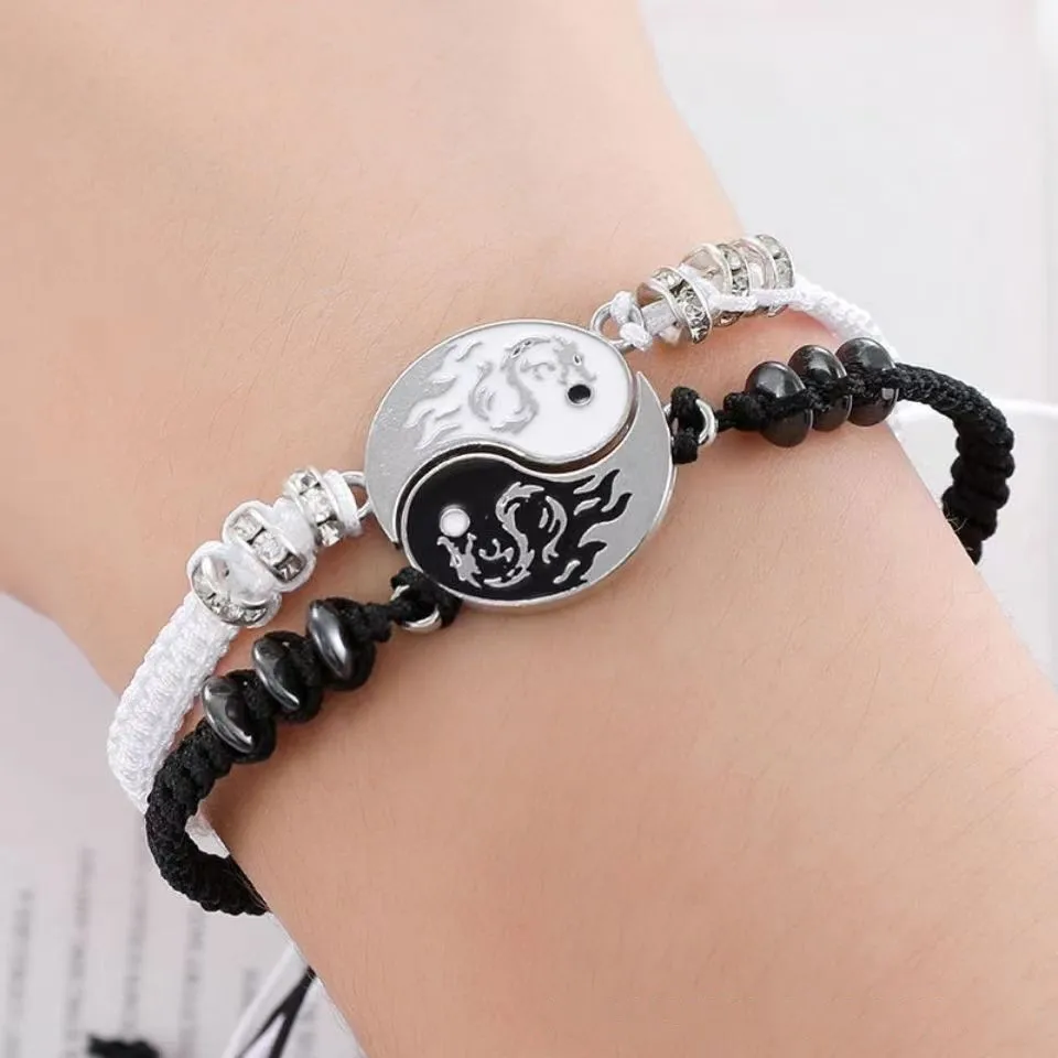 Китайский Стиль Ретро ручной работы Tai Chi Yin Yang Dragon Браслет на большие расстояния пара браслет