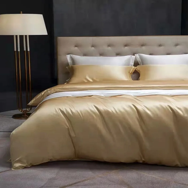 100%silk satin bedding sheet fitted sheet pillowcase solid color King size American market bedding 4 pcs sets silk bedding sets