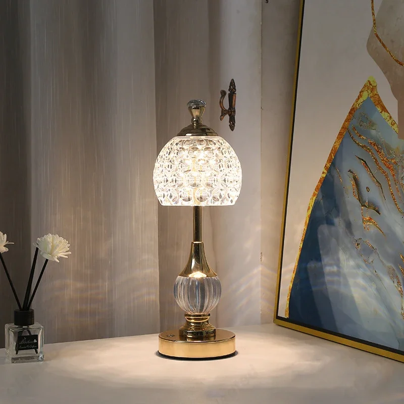 Nordic Retro Home Decoration Night Light New Metal Crystal Acrylic Table Lamp with Bamboo Body Stone Shade Bedroom Bedside