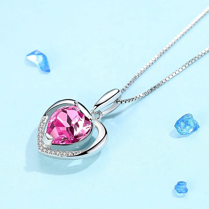 YA122 925 Sterling Silver Mom Necklace with Blue Pink Ocean Heart zircon Crystals Pendant Mothers Birthday Jewelry Gifts