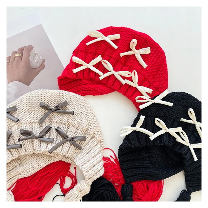 Custom Earflap Beanie Bow Tassel Knitted Hood Earflap Hats Winter Angora Knit Beanie Plush Hats