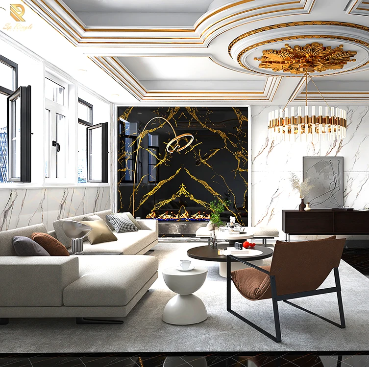 Black gold big porcelain marble glossy slab tile floor wall sintered stone glazed slab marble tile for living room decoration