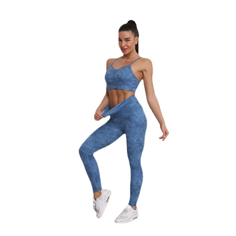 Aoyema Custom Logo Yoga Sets Training Wear Workout Strength Marble Pattern Push Up Sports Bra Seamless Leggings Gym Fitness Sets