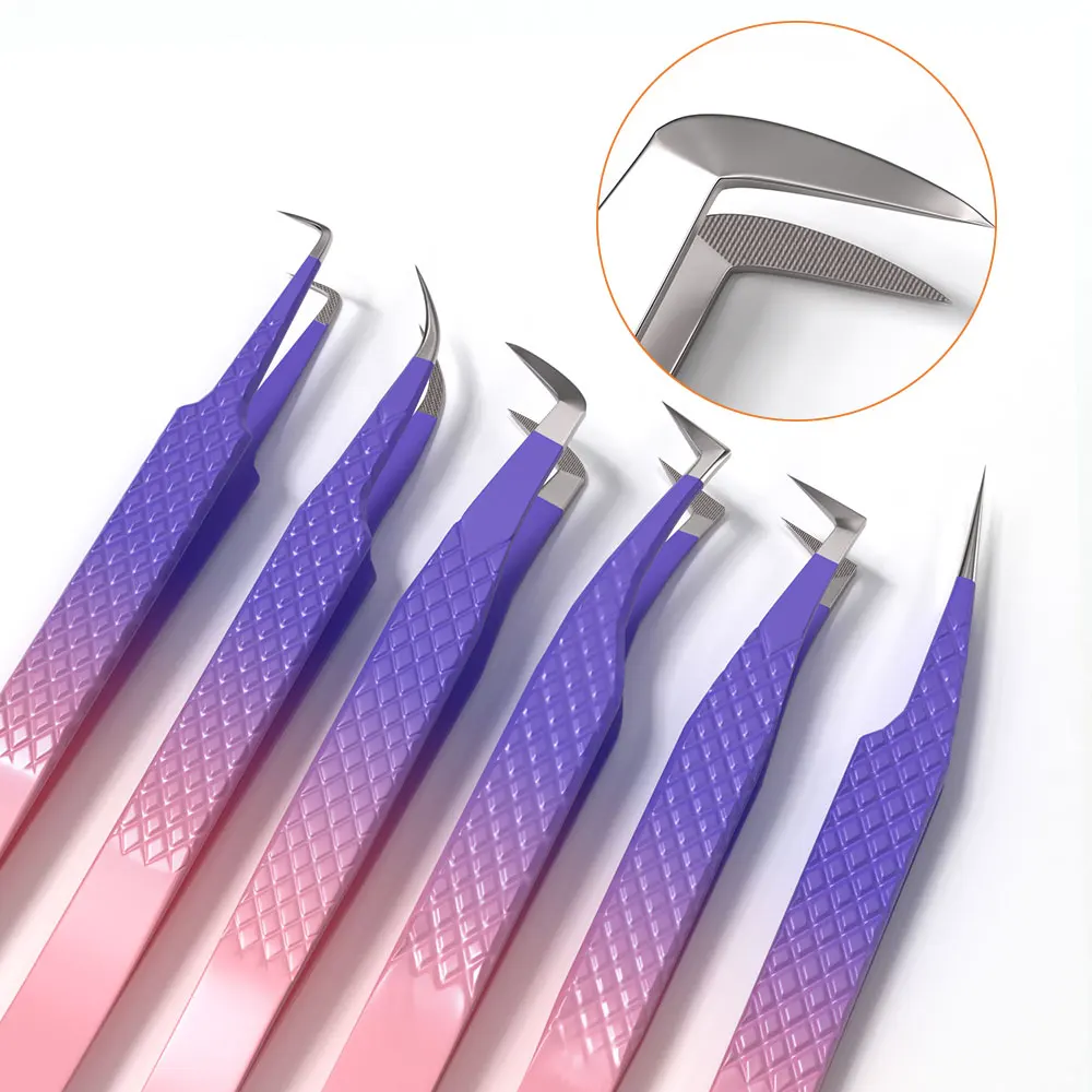 Stainless Steel 45 90 Degree Diamond Fiber Grip Eyelash Tweezers Custom Logo Lash Extension Fiber Tip Tweezers