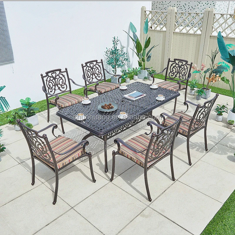 Hot selling outdoor  garden metal chair long table set with side table furniture  patio   iron dining Set for 8 seaters