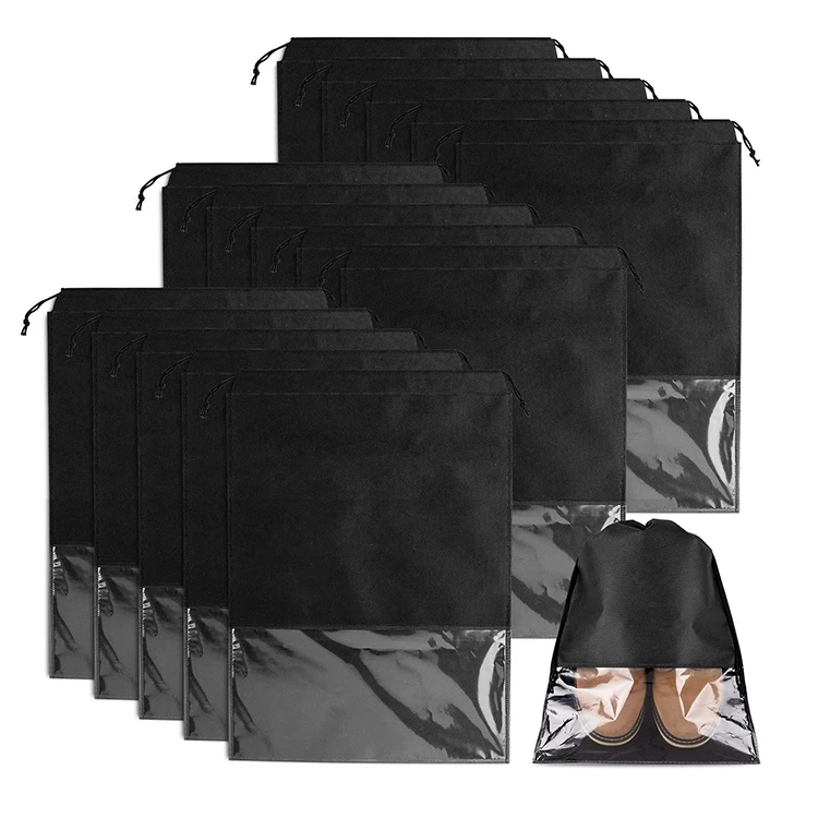 YASEN Custom Cheap Travel Shoe Bag Large Black Non-Woven Drawstring Shoes Storage Bags With Transparent Slot For Men And Women