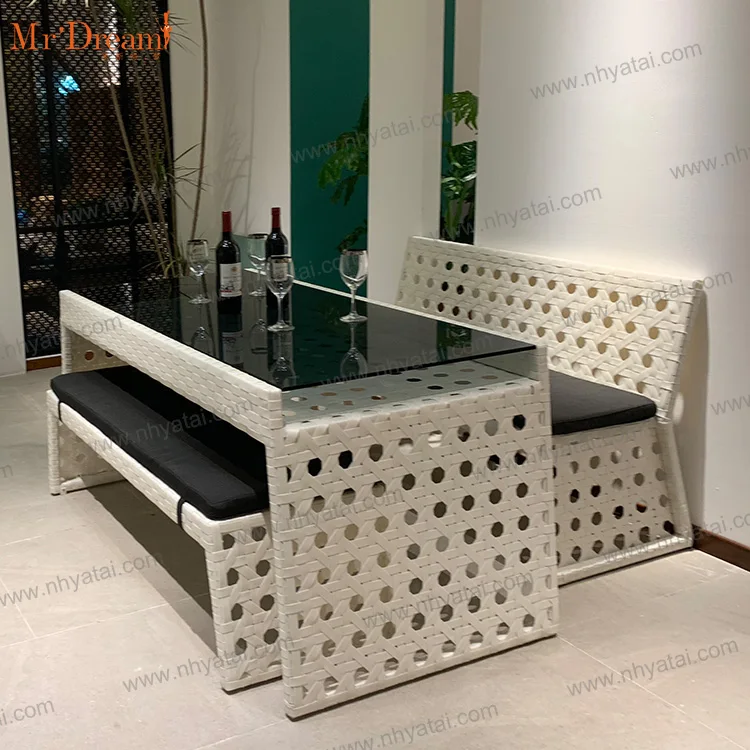 Leisure Commercial Restaurant Dining Project Design Modern Rattan Rope Garden Bench Outdoor Dining Table Set