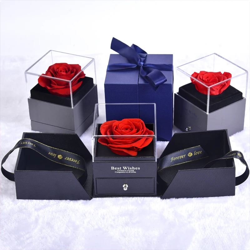 Wholesale Custom Transparent Box with Drawer and Necklace Real Eternal Preserved Roses In Acrylic Jewelry Box