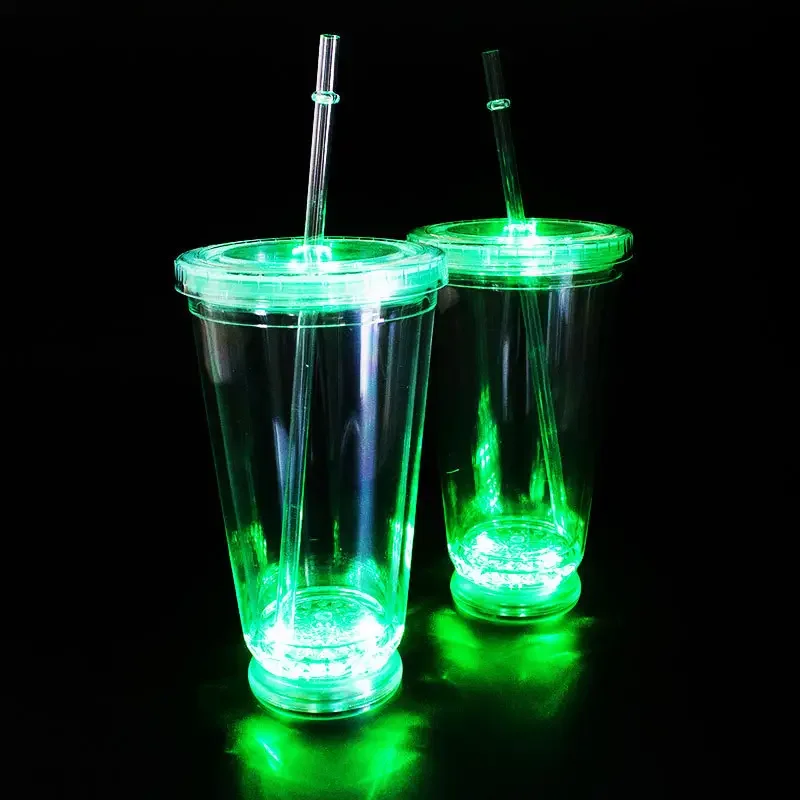 Light Up Clear Plastic Tumbler Glowing Cups  Double wall Plastic Water Cup with Straw for Night and Party