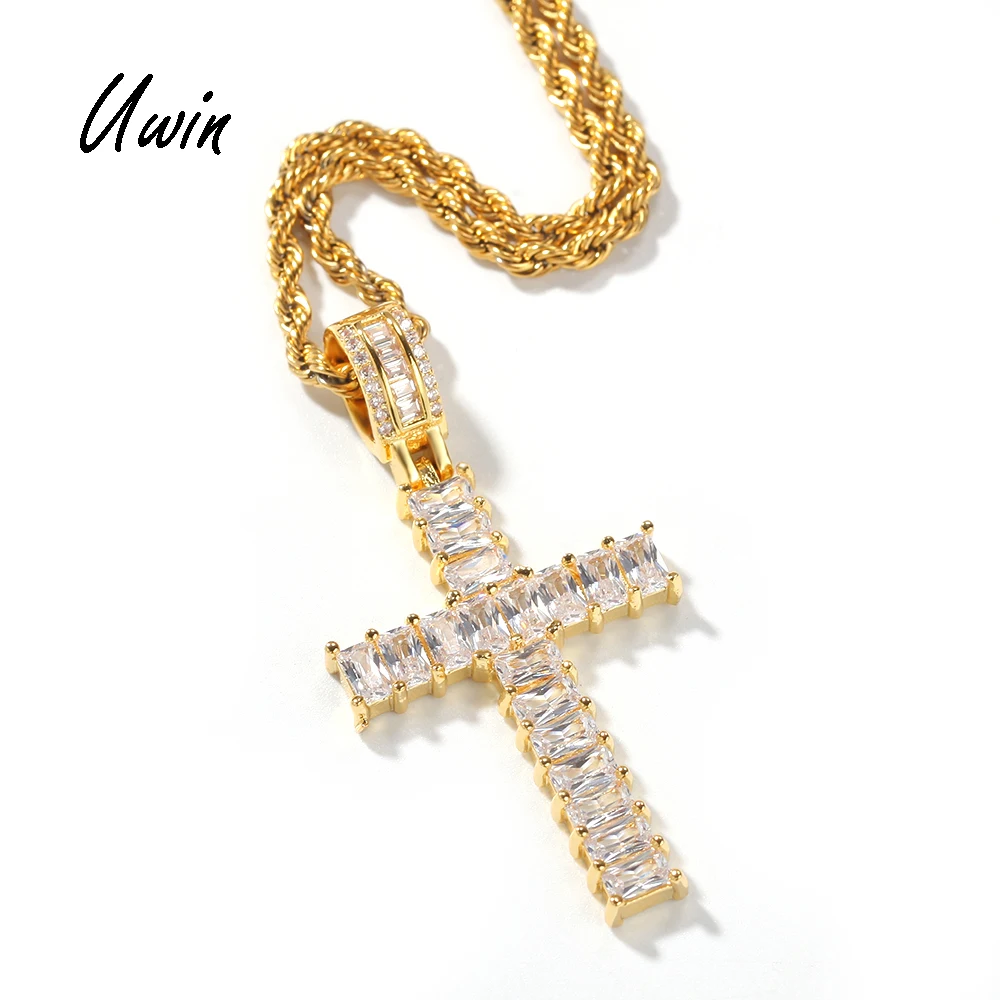 UWIN Hip Hop Gold Plated 5mm Baguette CZ Cross Charm Pendant Golden Bling Rapper Cross Pendants Necklace