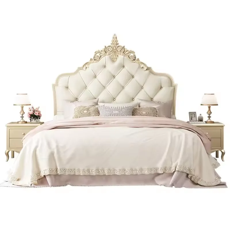 French Luxury Romantic Princess Double Golden Beds Wedding King Size Bed Dresser Bedroom Sets Wooden Frame with Upholstered Bed