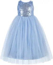 Supply High Quality Elegant Tulle Beautiful Formal Ruffle Sequins Blue Fairy Long Maxi Tutu Dresses With Bow