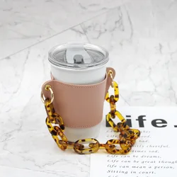 2021 new reusable PU leather coffee tea cup sleeve big acrylic chain strap outdoor glass water cup sleeves for coffee