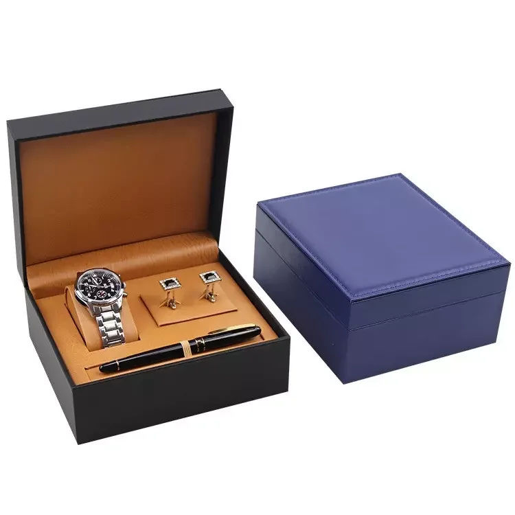 Custom Handmade Pu Leather Display Packaging Watch Pen Cuff-links Box For Gift Luxury Black Gift Box Set For Watch Pen Cuff-link