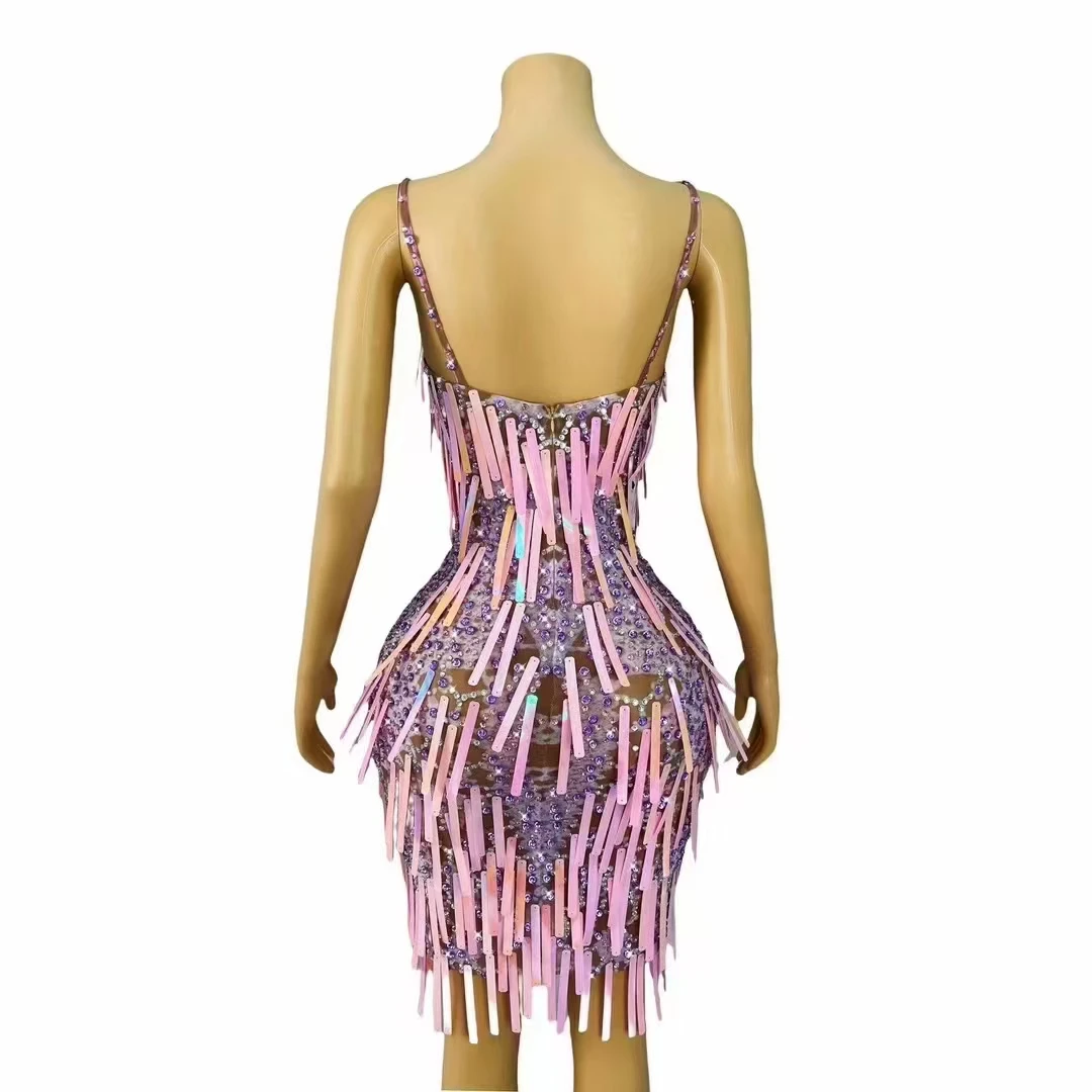 Sparkly Rhinestones Tassel Leotard Adults Fashion Stage Costume Elastic Skinny Sleeveless Fringes Birthday Party Dress Dance