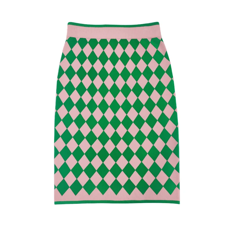 Knitwear Supplier Factory Custom Winter Knitwear Set 2024 Women Plaid Knit Sweater Cardigan Skirt Set