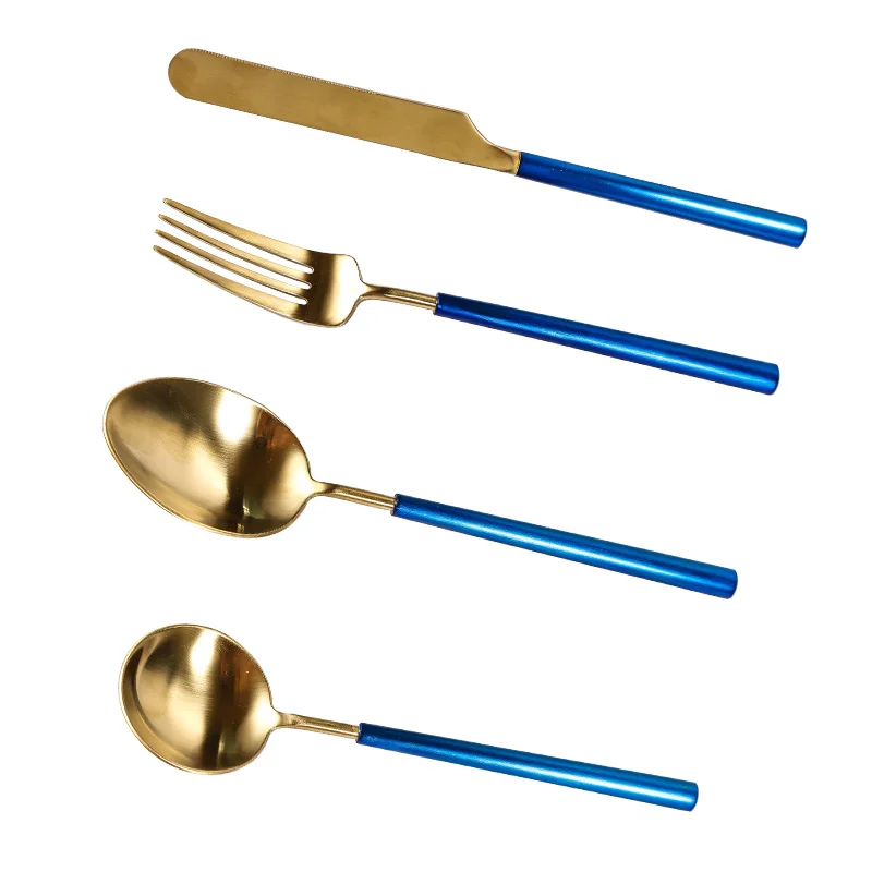 Small waist design stainless steel 304 knives, forks and spoons set, OEM platinum painted western tableware set 5