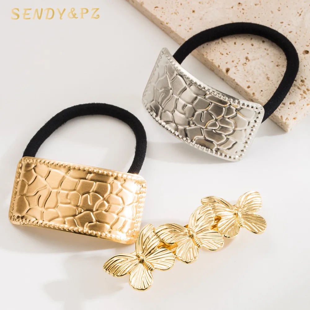 European American new fashion geometric texture high elastic metal hair ties alloy three butterfly spring clip for women