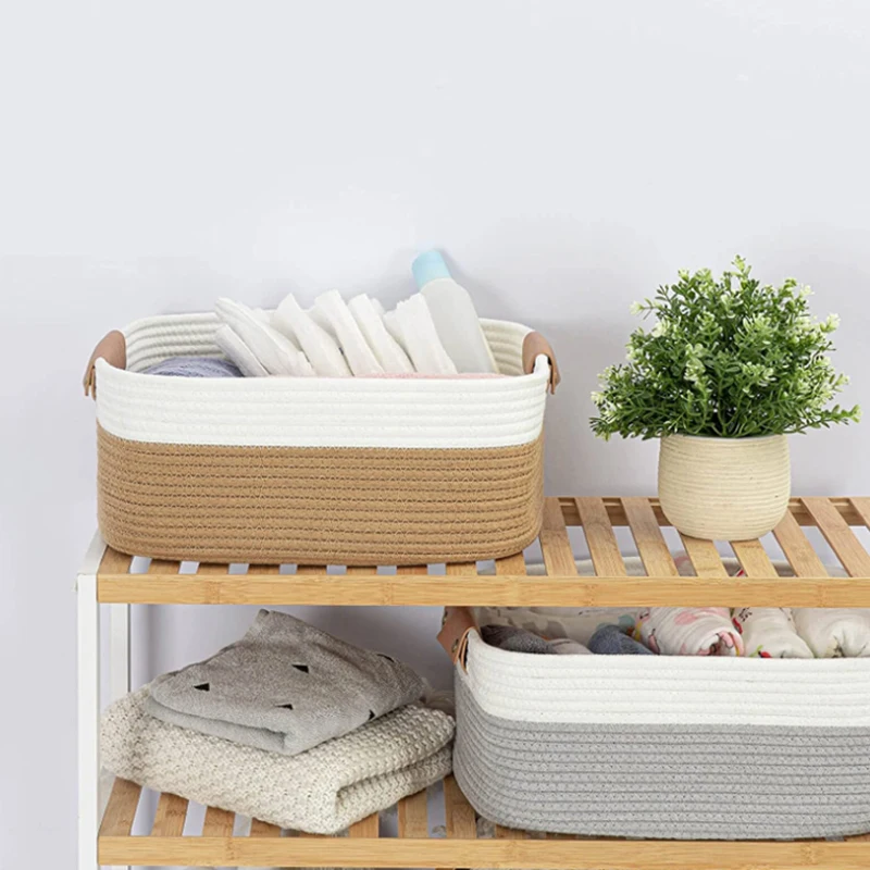 Wholesale Cotton Rope Storage Basket, Cotton Woven Storage Bins Baskets, Cube Soft Woven Organizer Baskets with Leather Handles