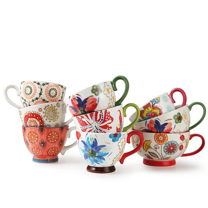 Ceramic Hand-Painted Cup Breakfast Bowl Painted Relief Cup National Style Milk Tea Ceramic Mug