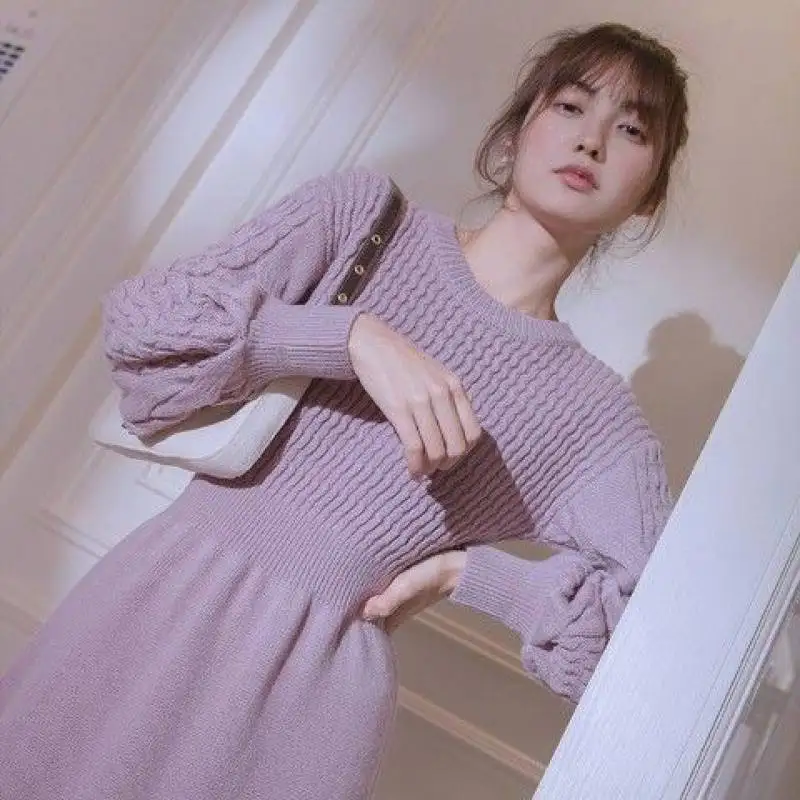 Autumn and winter texture design thickened warm o neck pullover casual puff sleeve sweater long skirt women knitted A-line dress