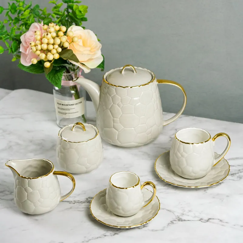 27PCS Porcelain Tea Cup With Saucer Tea Pot Set Porcelain Sugar Pot And Creamer Customized Box Plate Set