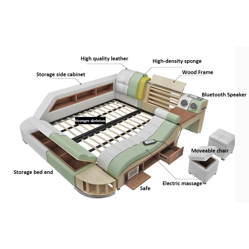 New design modern furniture classic design wooden frame leather bed with electric massage recliner