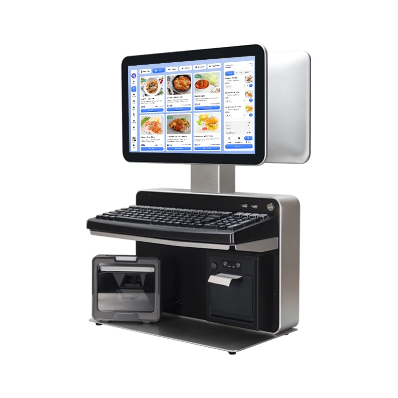 OEM Custom Dual Screen Display Win Pos System Terminal Touch Screen AIO Billing Machine with 58 80 mm Printer QR Code Scanner