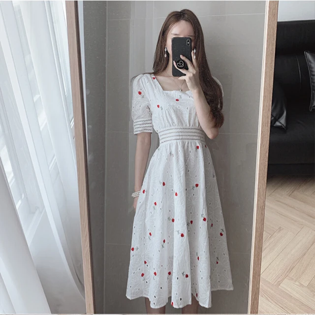 Korean Fashion Square Neck short Sleeve Floral Dress Women Sweet Dresses Clothing Wholesale